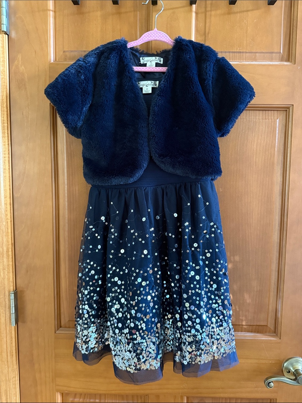 Knitworks Navy Sequin Tulle Party Dress with Faux Fur Bolero